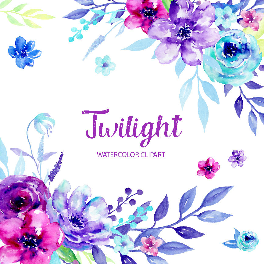 Watercolor Clipart Twilight - blue and purple flowers, decorative elements and flower posies for instant download