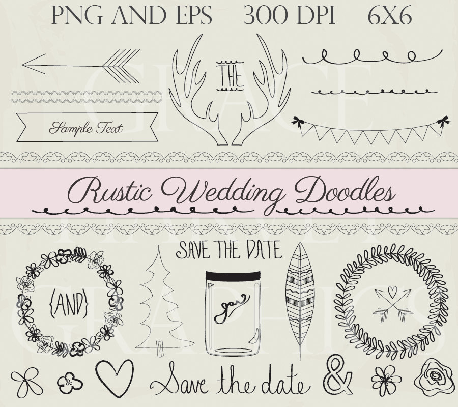 Wedding Doodle ClipArt, Rustic Clip Art, Instant Download Digital Illustrations Clip Art EPS PNG, Small Commercial Use Doodle Wedding Art