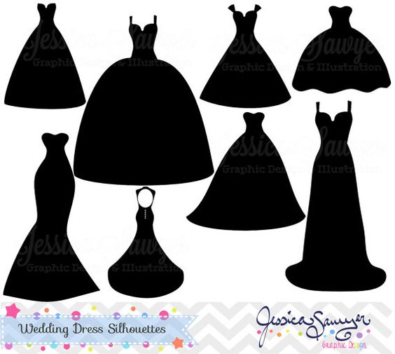 Wedding dress clipart, silhouette clipart, for greeting cards, announcements, scrapbooking