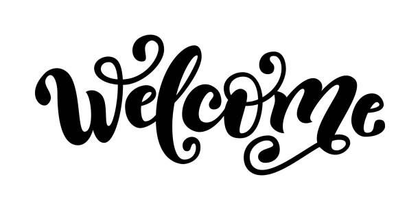 Welcome. Hand Lettering word. Handwritten modern brush typography sign.  Black and white.