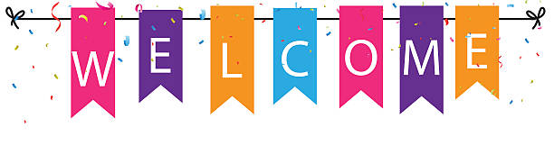 Welcome sign with colorful bunting flags and confetti vector art  illustration