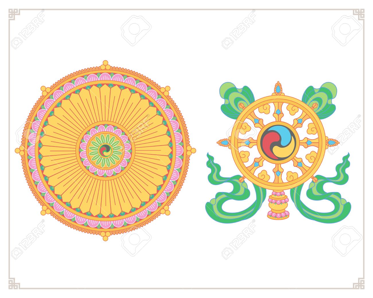 Dharma Wheel, Dharmachakra Icons. Wheel of Dharma in flat design. Buddhism  symbols.