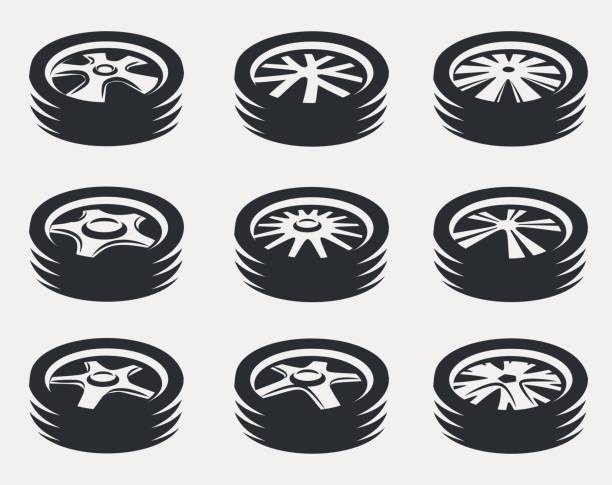 Isolated black and white color alloy wheels logo collection, car elements  logotype set vector illustration