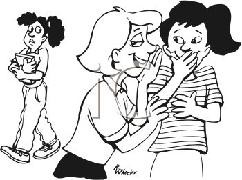 White Cartoon Of Two Girls Gossiping About Another Girl Clipart Image