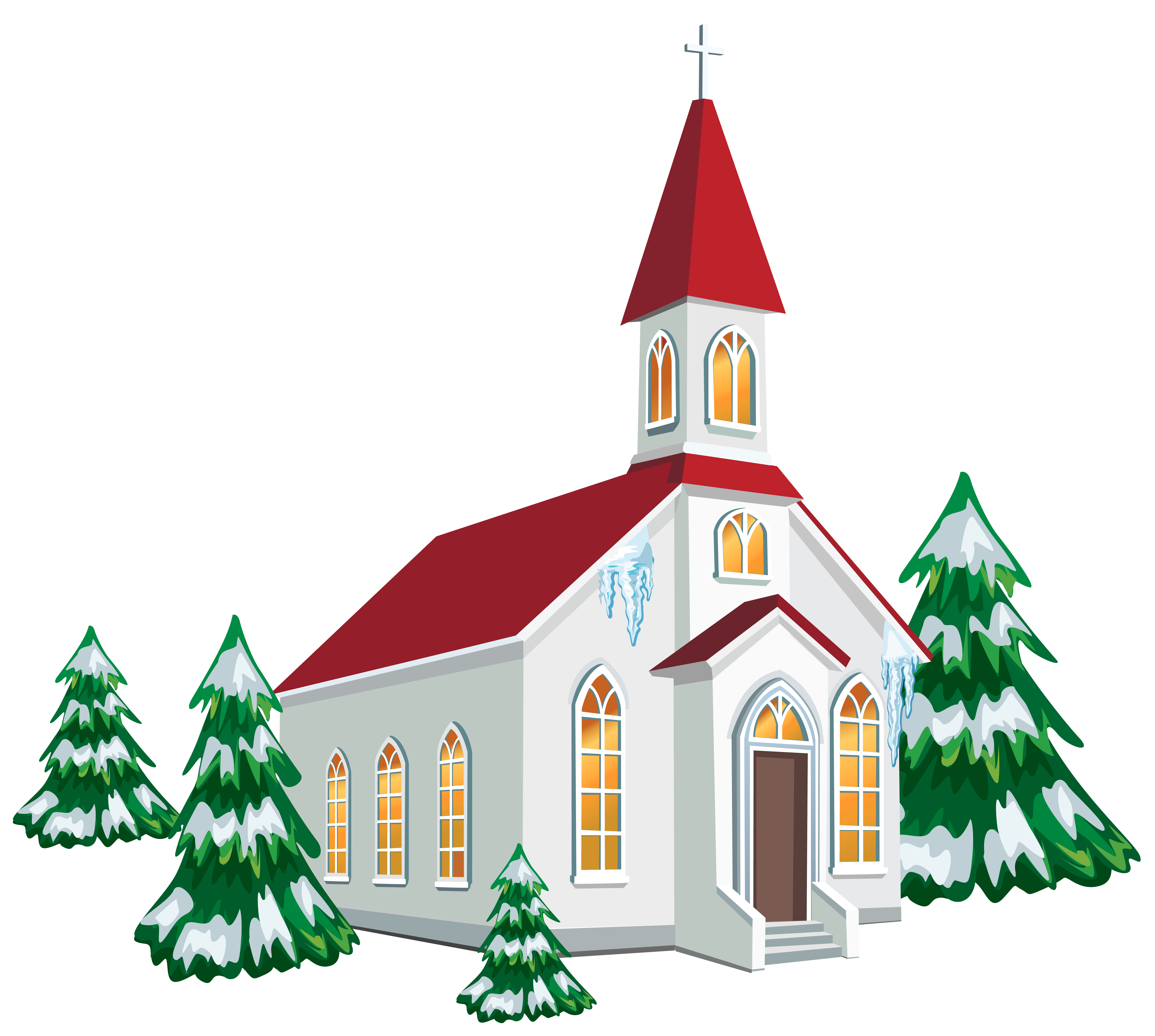 Winter church with snow trees - Church Clipart Images