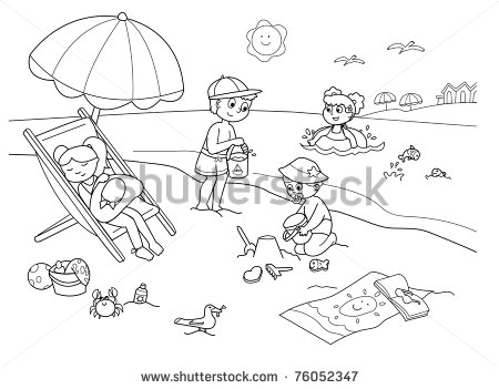 With The Sand At The Beach Cartoon Illustration In Black And White