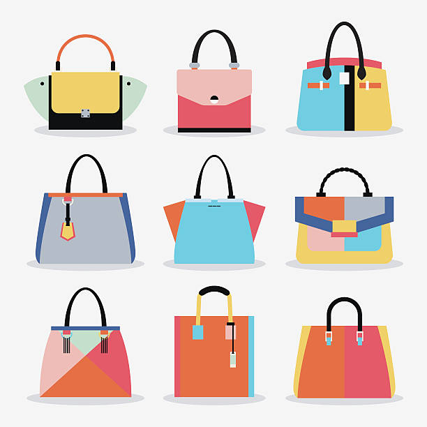 Retro colorful cute trendy women handbags and purse set vector art  illustration