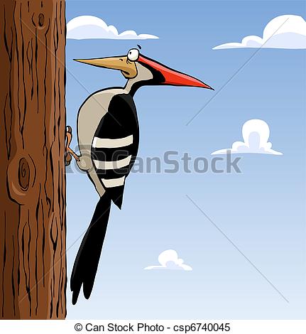 Woodpecker - Cartoon woodpecker on a tree, vector.