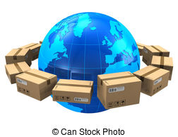 ... Worldwide shipping concept: row of cardboard boxes around.
