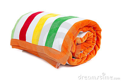 Yellow Green And Orange Striped Beach Towel On A White Background