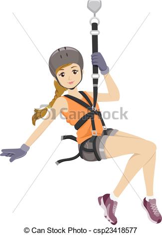 Ziplining Girl - Illustration Featuring a Girl Sliding Down.